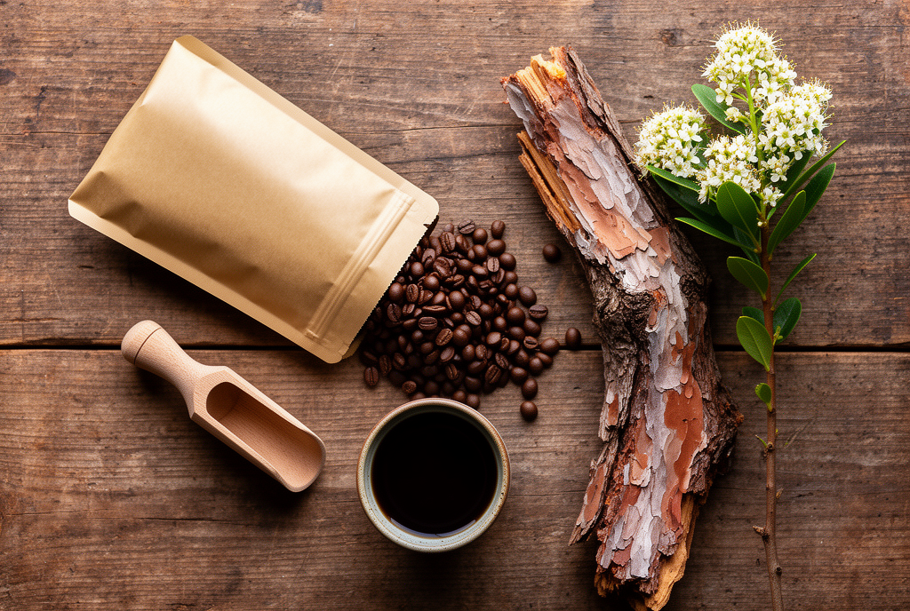 Open kraft-paper bag of Ninebark coffee beans on a wooden table beside a cup of coffee and a sprig of flowering ninebark shrub