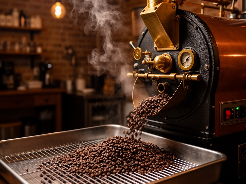 Cast-iron drum roaster mid-roast, dark coffee beans spilling into a cooling tray inside the Ninebark roastery